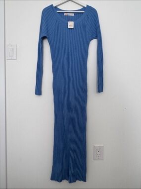 Free People Ribbed Long-Sleeve Maxi Dress in Blue NWT $78 USD